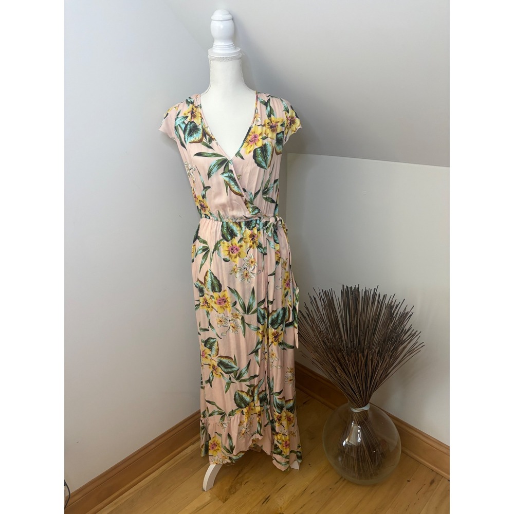Fairy B.O.G Collective Floral Wrap Maxi Dress Pink Yellow Tropical V-Back Medium